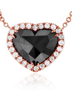 18K ROSE GOLD BLACK DIAMOND HALO NECKLACE - Simple heart shaped rose cut black diamond with 24 round cut white diamonds. This necklace quotes feelings of love perfectly for a romantic gift idea. Beautiful, elegant, unique & chic gift for her - girlfriend or wife for anniversary, birthday, Valentine's Day or Christmas. Classic & timeless wedding jewelry ideas to sparkle on her neck. Unique sparkly ring with vintage style. Glam and glitz. Affiliate Link Lozenge Cut, Black Pink Rose, Rose Gold Black Diamond, Journey Pendant, Black Diamond Necklace, Solitaire Diamond Pendant, Sparkly Ring, Heart Necklaces