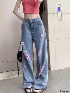 Katykey - Womens Casual Straight Jeans with Distressed Detailing and Slant Pockets, Loose Fit Stylish Denim Pants Pocket Pattern, Womens Casual, Denim Pants, Straight Jeans, Casual Women, Straight Leg, Loose Fitting, Weaving, Street Style