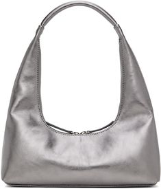 Foil-coated crinkled leather shoulder bag in metallic gunmetal tone. · Integrated shoulder strap · Logo embossed at face · Two-way zip closure · Patch pocket at interior · Logo-woven twill lining · H4.25 x W10.25 x D2.5 · Total height: H12 Supplier color: Metallic grey foiled Marge Sherwood, Grey Purse, Interior Logo, Shoulder Bag Women, Leather Shoulder Bag, Patch Pocket, Bags Women, Foil, Shoulder Strap