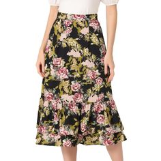 Featuring pretty ditsy floral prints, this midi skirt is a summer option that can be worn with just about anything. Channel elegant style in this midi skirt which is beautifully printed with a blossom pattern for a versatile look. It is made of lightweight fabric, adding definition to the free-flowing design. Falling to a waterfall midi hem, it sits high on the waist with a discreet side zip fastening. Summer days call for effortlessly feminine styles like skirts. Flowy Ruffle Hem Skirt For Garden Party, Flowy Skirt With Ruffle Hem For Garden Party, Floral Print Midi Skirt For Brunch, Tiered Skirt With Floral Print For Garden Party, Tiered Floral Print Skirt For Garden Party, Midi Floral Print Skirt For Brunch, Non-stretch Summer Midi Skirt, Summer Garden Party Skirt With Ruffle Hem, Summer Floral Print Midi Bottoms