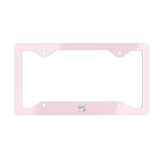 a pink license plate frame with a bow on the front and bottom corner, in white