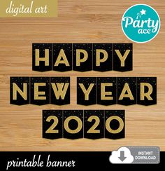 happy new year banner with the words happy new year in black and gold on a wooden background