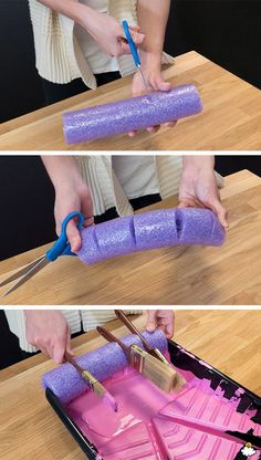 the process of making pink slime with scissors and glue is shown in three different stages