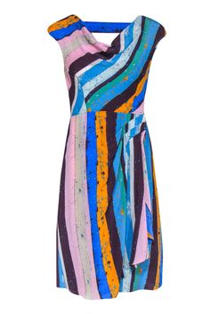 Current Boutique-Plenty by Tracy Reese - Multicolor Striped Silk Cowl Neck Dress Sz 4 Striped Sleeveless Midi Dress For Party, Sleeveless Striped Midi Dress For Party, Striped Sleeveless Party Dress, Sleeveless Striped Party Dress, Striped Summer Dresses For Party, Casual Multicolor Striped Dresses, Multicolor Dress With Vertical Stripes, Casual Multicolor Dresses With Vertical Stripes, Casual Multicolor Vertical Stripe Dresses