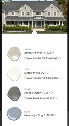 the exterior color scheme for a house with white trim and gray shingles on it