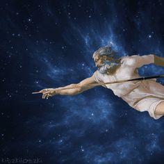 a woman flying through the air on top of a surfboard in front of a star filled sky