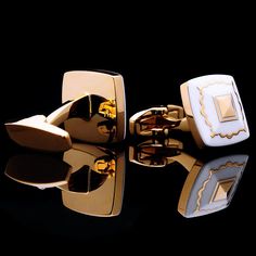 Gold Plated White Enamel Cufflinks - SOPHGENT Designer White Gold Polished Cufflinks, Luxury Elegant Adjustable Cufflinks, Luxury Gold Hallmarked Cufflinks, Bee Cufflinks, Luxury Adjustable Gold Cufflinks, Cufflink Box, Wedding Groom, White Enamel, Plastic Bag