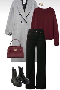 Formal Wear Women Winter, Autumnal Work Outfits, Outfit Ideas With Grey Coat, Classy Fall Dinner Outfit, Rome Winter Outfits What To Wear, Monaco Winter Outfit, Wool Blend Coat Women Outfit, How To Wear Burgundy, London Outfit Winter Classy