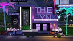 the pynk hollywood hotel is lit up at night with palm trees and neon lights