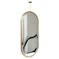 an oval shaped mirror hanging from a brass frame with black and white designs on it