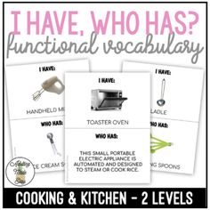 i have, who has? functional vocabilary posters for cooking and kitchen - 2 levels