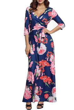 Navy Floral Print 3/4 Sleeve Wrapped Belted Maxi Dress Spring Floor-length Maxi Dress With Tie Waist, Spring Ruched Maxi Wrap Dress, Fitted Multicolor Maxi Dress With Surplice Neckline, Fitted Summer Wrap Dress With 3/4 Sleeves, Spring Maxi Ruched Wrap Dress, Spring Maxi Wrap Dress With Ruched Detail, Fitted Ruched Maxi Wrap Dress, Multicolor Floral Print Dress With Surplice Neckline, Fitted Wrap Dress With 3/4 Sleeves For Spring