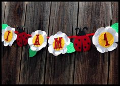 paper flowers and ladybugs are hanging on a wooden fence with the letters i am 1