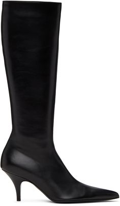 Knee-high polished calfskin boots in black. · Pointed toe · Zip closure at inner-side · Grained leather lining · Covered stiletto heel with rubber injection · Leather sole with rubber injection · H2.75 Supplier color: Black Elegant Patent Leather Platform Boots, Sleek Patent Leather Platform Boots For Formal Occasions, Sleek Formal Patent Leather Platform Boots, Elegant Calf Leather Platform Boots With Pointed Toe, Designer Calf Leather Platform Boots For Formal Occasions, Luxury Platform Boots With Sculpted Heel And Pointed Toe, Evening Calf Leather Platform Boots With Sculpted Heel, Sleek Calf Leather Platform Boots For Formal Occasions, Sleek Evening Platform Boots With Sculpted Heel