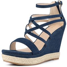 Looking for a stylish and comfortable pair of sandals to add to your wardrobe? Look no further than these ankle-strap espadrille platform sandals! These sandals feature a denim fabric for a casual look, with a single strap and strappy design at the upper, as well as an ankle strap and back zipper for easy wear. Plus, with an espadrille wedge heel and platform, these sandals offer just the right amount of height and style. The outsole is made of TPR, while the heel is made of PVC+TPR, making thes Strappy Wedge Heels, Espadrilles Platform, Strappy Wedges, Espadrille Wedge, Open Toe Shoes, Wedge Heel Sandals, Blue Sandals, Espadrilles Wedges, Heel Sandals