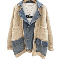 Denim Coat Women, Thick Sweater, Women Coats, Winter Stil, Thick Sweaters, Moda Boho, Denim Patchwork, Cardigan Top, Loose Sweater