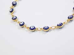 Our Best Seller Bracelet is now available in Blue Eyes! Cute and tiny Dark Blue Mini Evil Eye Bracelet or Bracelet. The meaning of blue bead color: Is the color of evil eye protection. The traditional color for good karma, positive energies, and protection against the evil eye. DETAILS: - Dark blue enamel evil eye, gold plated over brass chain - Length: Available in 6 7, 8, and 9 inches, plus 1.5 inches of extender chain. - Beads size 4.6 mm approx. - Gold Plated Lobster Clasp NOTE: The last pic Adjustable Blue Chain Bracelet, Blue Charm Bracelet With Adjustable Chain, Handmade Blue Chain Bracelet As Gift, Adjustable Nickel-free Blue Chain Bracelet, Adjustable Blue Nickel-free Chain Bracelet, Blue Adjustable Chain Bracelet, Blue Metal Bracelet With Adjustable Chain, Handmade Blue Anklet As Gift, Meaning Of Blue