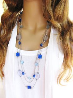 Blue Jeans Long Beaded Necklace Silver Chain by RalstonOriginals Blue Double Strand Beaded Necklaces With Colorful Beads, Blue Double Strand Beaded Necklace With Colorful Beads, Blue Round Beads Layered Necklace For Gift, Blue Layered Necklace With Round Beads As A Gift, Handmade Blue Layered Necklace As Gift, Blue Beaded Chain Layered Necklace As Gift, Blue Beaded Layered Necklace For Gift, Handmade Blue Layered Necklace For Gift, Blue Beaded Chain Layered Necklace For Gift