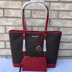 New With Tag 100% Authentic Large Tz Shoulder Tote 14” Bottom 17” Top L X 11”H X 6.5”D Double Zip Wristlet Wallet Flame Red Multi Color Michael Kors Bag Black, Micheal Kors Handbag, Michael Kors Bedford, Michael Kors Tote Bags, Michael Kors Purse, White Tote, Black Leather Tote, Wristlet Wallet, Black Tote