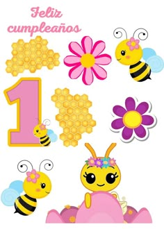 a number one with bees, flowers and honeycombs in the shape of numbers