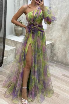 2024 New Party Mesh Diagonal Collar Flower Print Long Dress Sexy One Shoulder Sleeve High Waist Split Dress Tulle Long Dress, 파티 드레스, Evening Dresses With Sleeves, Dress Sleeve Styles, Gala Dinner, Split Dress, Aaliyah, Mongolia, Asymmetrical Dress