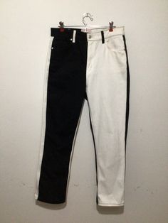 Denim jeans, black and white opposite. High waist, straight leg. Brass zipper. Made in USA by Revice. 98% cotton and 2% elastase. Size Tag says 31, please measure. Waist 33" Hips 38" Front rise 12" Back rise 16 1/2" Inseam 29" All measurements are taken with garment laying flat. Returns  I do not accept returns, exchanges or cancellations, but please contact me with any questions about your order. Please read the full listing. FAQ  My items have come from everywhere. Every single item has been h Trendy High Rise White Jeans, Trendy White Straight-leg Jeans, White Straight Denim Jeans, Trendy Fitted White Jeans, Trendy White Fitted Jeans, Trendy Spring Jeans With Contrast Color, Trendy Contrast Color Cotton Jeans, Contrast Color Cotton Jeans, Trendy White Straight Leg Jeans