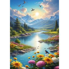 a painting of flowers and birds flying over a river with mountains in the back ground