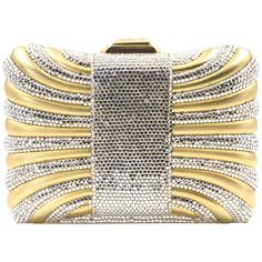 Elegant Judith Leiber minaudière looks like a gift box or pillow with a Swarovski crystal ribbon. The bag features a press crystal lock closure with golden hardware, The shoulder strap that can be tucked into the interior of the bag for use as a clutch. The interior is done in metallic leather. It comes with a Leiber gold comb and mirror as well as a Leiber pouch. Judith Leiber Bags, Colorful Inspiration, New Years Wedding, Crystal Box, Gold Box, Judith Leiber, Gold Sparkle, Evening Clutch Bag, Evening Clutch