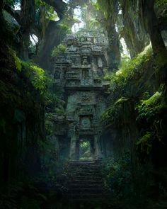 an ancient building surrounded by trees in the jungle