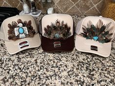 Feathered Trucker Hat, Decorated Trucker Hat, Western, Turquoise, Concho, Rodeo Hat, Country Concert, Cowgirl Hat, Trendy, Cute, Gift Idea - Etsy Adjustable Hats For Western-themed Events, Adjustable Cap For Western-themed Events, Western Snapback Trucker Hat For Ranch, Adjustable Ranch Cap, Country Style Ranch Hats, Southwestern Concho Hat For Rodeo, Southwestern Style Concho Hat For Rodeo, Western Snapback Hat For Ranch, Trucker Hat With Curved Brim For Country Events