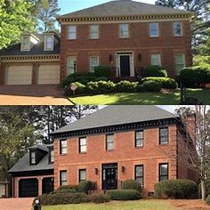 two different houses side by side with trees in the background