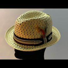 Lightweight Tan Straw Fedora With A Multi-Color Band Yellow Hats, Mens Straw Hats, 50% Logo, Running Cap, Summer Straw Hat, Orange Hats, Flat Brim Hat, Nike Hat, New Era Hat