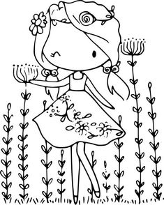 a girl with flowers in her hand and a bird on her shoulder coloring pages for kids