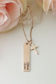 "Simple, stunning, yet chic and versatile, this beautiful motivational necklace makes the perfect gift for yourself or a gift for someone celebrating a special confirmation or special date! The laser engraved charm measures approximately 8mm x 40mm and will come on an 18\" chain. It features a cross charm that you can match with the same color, or do a mixed metal option and add a different color cross. Each item is made-to-order, so please allow time for this handmade item to be made and ship t Elegant Personalized Jewelry For Confirmation, Personalized Necklaces For First Communion And Mother's Day, Personalized Necklace For First Communion, Mother's Day, Personalized Necklace For First Communion And Mother's Day, Elegant Personalized Necklace For First Communion, Confirmation Necklace, Confirmation Jewelry, Hand Stamped Ring, Stamped Rings