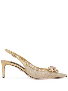 gold-tone sheer lace detailing crystal embellishment gold-tone logo plaque buckle-fastening slingback strap pointed toe branded leather insole leather sole high heel Luxury Crystal Embellished Slingback Pumps, Gold Embellished Slingback Pumps For Evening, Luxury Gold High Heel Slingback Pumps, Gold Embellished Slingback Pumps For Formal Occasions, Glamorous Embellished Gold Slingback Pumps, Glamorous Gold Embellished Slingback Pumps, Luxury Gold Slingback Heels, Luxury Gold Slingback Pumps For Gala, Designer Formal Slingback Pumps With Crystals