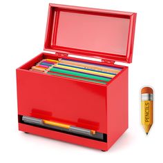 a red box filled with pencils and an eraser next to it on a white background