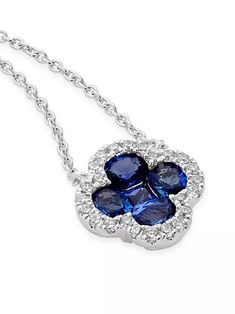 Shy Creation 14-Karat white gold. Round diamonds, .16ctw and blue sapphire, 1.14ctw. 0.45"L / 0.45"W. 18" long. Style # SC41002220 Clover Necklace, Long Style, White Gold Diamonds, Blue Sapphire, Round Diamonds, Gold Diamond, Sapphire, Diamonds, White Gold