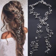 a woman wearing a bridal hair piece with flowers and leaves on it's side