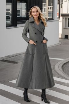 ★★ Welcome to my Ylistyle's shop！！！ This gray long wool coat, made of high-quality fabric, giving you a good touch and very comfortable to wear. Wear it in autumn and winter to keep you warm and comfortable. Suitable for various occasions, whether for everyday wear or formal events. ★★ FEATURES 50% wool, 50% wool blend Fully liner with polyester (plaid lining) Two side pockets Lapel collar Long sleeves Button closure in front Double breasted coat Gray long wool coat Perfect For Winter, Autumn Dry clean ★★Mode size Height 170cm (5′ 7″)  Bust 84 cm (33")  Waist 66 cm (26")  She wears size XS. ★★Bespoke Order Service If you Request other color Request the length Your height is not between 155 cm- 175 cm Your weight is not between 47 kg -77 kg I can do it for you, It will need some extra fee d Gray Wool Coat With Lapel Collar For Winter, Long Gray Sweater Coat With Pockets, Gray Long Sweater Coat With Pockets, Gray Single-breasted Wool Coat For Fall, Gray Wool Coat For Winter Workwear, Gray Long Wool Coat For Workwear, Fitted Gray Wool Coat With Pockets, Gray Wool Coat With Pockets, Gray Fitted Wool Coat With Pockets