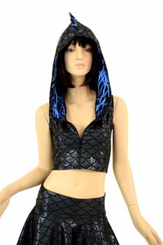 2PC Black Dragon Zipper Front Sleeveless Crop Hoodie / Blue Lowrise Shorts, Dragon Hoodie, Festival Outfits Rave, Outfits Rave, Hoodie Set, Dragon Scale, Crop Hoodie, Black Dragon, Aqua Marine