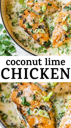 the chicken is covered in coconut lime sauce and garnished with parsley