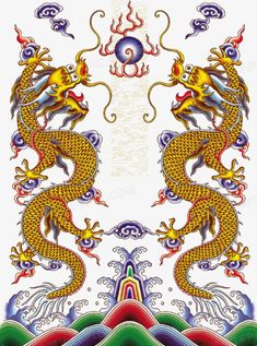 two yellow dragon sitting next to each other on top of a white background with colorful lines