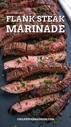 Flank steak marinade with steak served on a board. Flank Steak Marinade, Steak Marinades, Skirt Steak Marinade, Marinade Flank Steak, Flank Steak Tacos, Marinated Skirt Steak, Steak Marinade Recipes