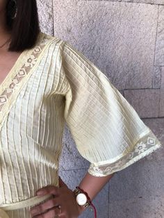 "Very rare Mexican dress, definitely a unique piece. zipper up. Made in 1970's Light Yellow pintuck cotton, you can see through it. Gorgeous details with lace. Fits size Small Measurements taken flat: Armpit to Armpit 18 1/4\" Waist 15\" HIps 19\" Bottom hem width 33 1/2\" Shoulders to bottome hem 50 1/2\"" Summer Anarkali Maxi Kaftan, Summer Anarkali Style Maxi Kaftan, Elegant Summer Kurta In Maxi Length, Fitted V-neck Kaftan For Festivals, Elegant Dresses With Kimono Sleeves For Festivals, Festival Dresses With Lace Sleeves, Bohemian Lace Dress For Festive Occasions, Lace Sleeve Dresses For Festivals, Yellow Bohemian Dress For Festive Occasions