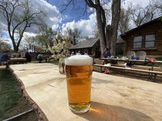 a glass of beer sitting on top of a wooden table next to a park bench