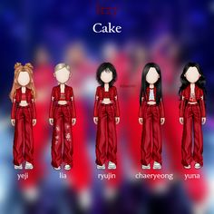 four dolls in red outfits standing next to each other on a blue and red background