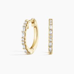 Luxe Allegra Diamond Hoop Ears - 14K Yellow Gold. These fashionable hoops feature striking baguette-shaped and round diamonds prong set for a distinct, eye-catching look (1/5 total carat weight). Classic Diamond Huggie Earrings With Halo, Yellow Gold Baguette Diamond Hoop Earrings, Yellow Gold Hoop Diamond Earrings With Baguette Diamonds, Yellow Gold Diamond Hoop Earrings With Baguette Diamonds, Small Hoop Yellow Gold Earrings With Baguette Diamonds, Small Hoop Earrings In Yellow Gold With Baguette Diamonds, Formal Baguette Diamond Hoop Jewelry, Yellow Gold Diamond Earrings With Baguette Cut, Wedding Huggie Earrings With Baguette Diamonds