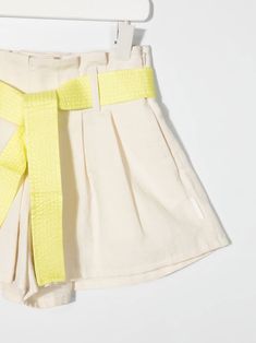 Beige/yellow cotton-linen blend tied-waist pleated shorts from Moncler Enfant featuring fully pleated, tied waist and two side inset pockets. | Moncler Enfant Tied-Waist Pleated Shorts Beige Belted Cotton Bottoms, Chic Beige Pleated Shorts, Chic Pleated Beige Shorts, Cotton Bottoms With Pleated Waist In Short Length, Belted Beige Cotton Bottoms, Cotton Bottoms With Pleated Waist And Short Length, Beige Pleated Waist Summer Bottoms, Summer Cotton Shorts With Tie Waist, Beige Pleated Waist Bottoms For Summer