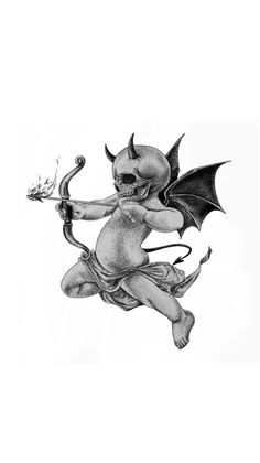 a black and white drawing of a demon holding a bow with its wings spread out