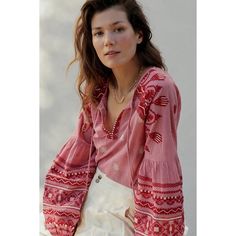 Sophisticated And Sweet, This Peasant Blouse Is A Charming Staple For The Season. Cotton Embroidered Detail Spliced Neck With Tie Pullover Styling Hand Wash Imported Dimensions Standard: 25"L Petite: 23.25"L Plus: 28"L Red Bohemian Embroidered V-neck Top, Feminine Embroidered V-neck Blouse, Chic Summer Blouse With Embroidered Sleeves, Chic Summer Top With Embroidered Sleeves, Chic Summer Tops With Embroidered Sleeves, Feminine Floral Embroidery Peasant Top, Chic Pink Blouse With Floral Embroidery, Red Tops With Embroidered Sleeves For Spring, Red V-neck Embroidered Summer Top